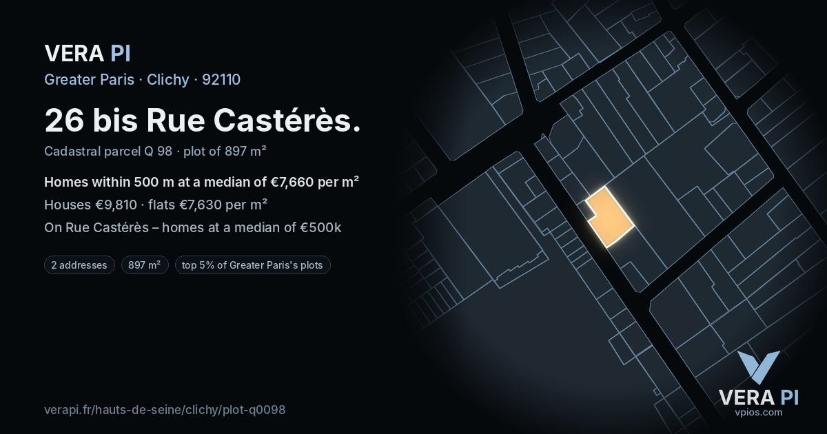 26 bis Rue Castérès, Clichy at night – the plot lit, the parcels around coloured by the prices near them
