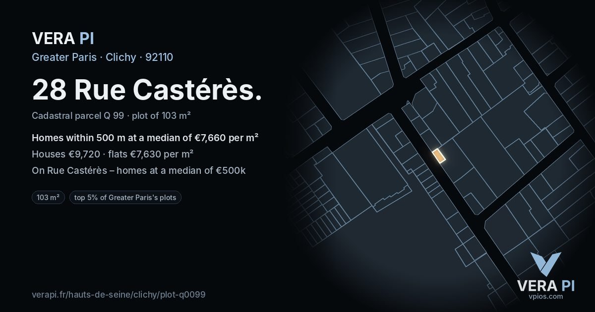 28 Rue Castérès, Clichy at night – the plot lit, the parcels around coloured by the prices near them
