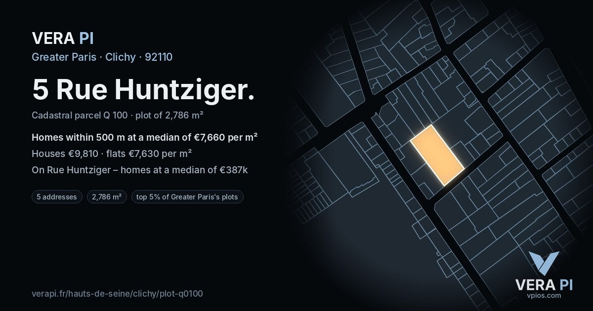 5 Rue Huntziger, Clichy at night – the plot lit, the parcels around coloured by the prices near them
