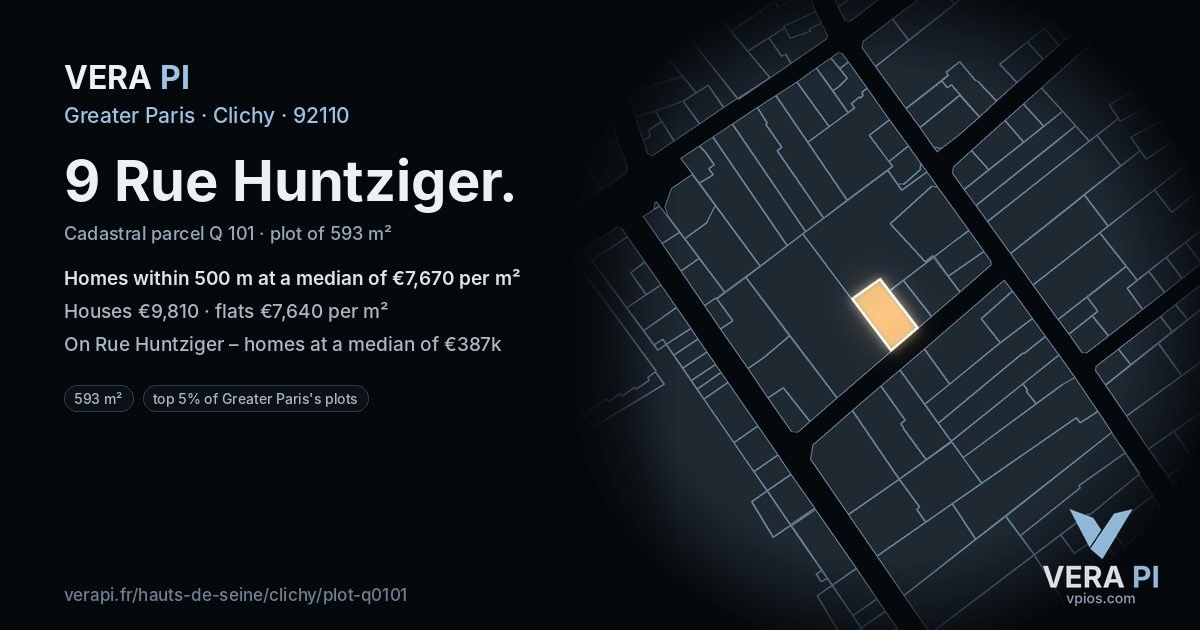 9 Rue Huntziger, Clichy at night – the plot lit, the parcels around coloured by the prices near them