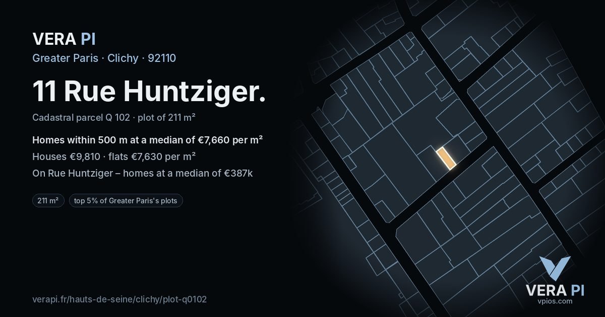 11 Rue Huntziger, Clichy at night – the plot lit, the parcels around coloured by the prices near them