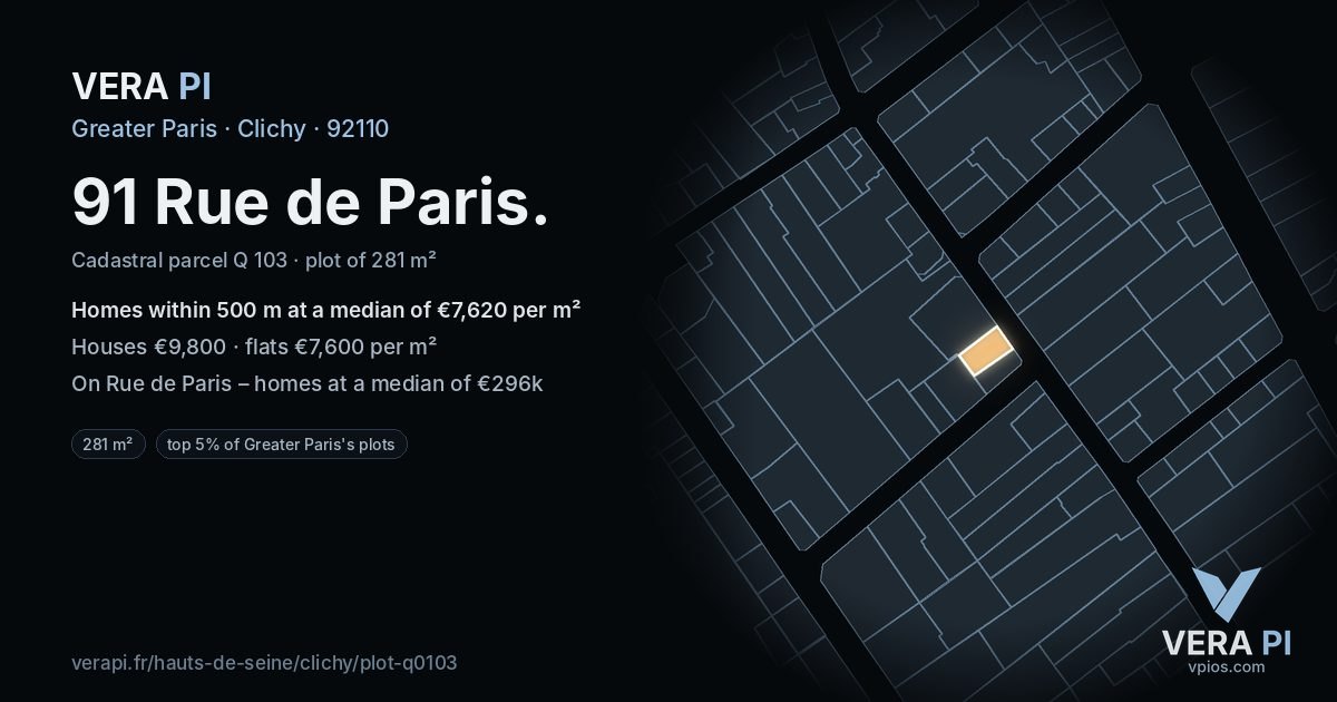 91 Rue de Paris, Clichy at night – the plot lit, the parcels around coloured by the prices near them