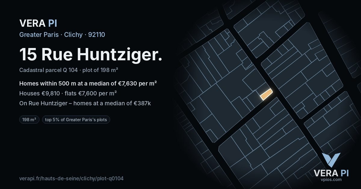 15 Rue Huntziger, Clichy at night – the plot lit, the parcels around coloured by the prices near them