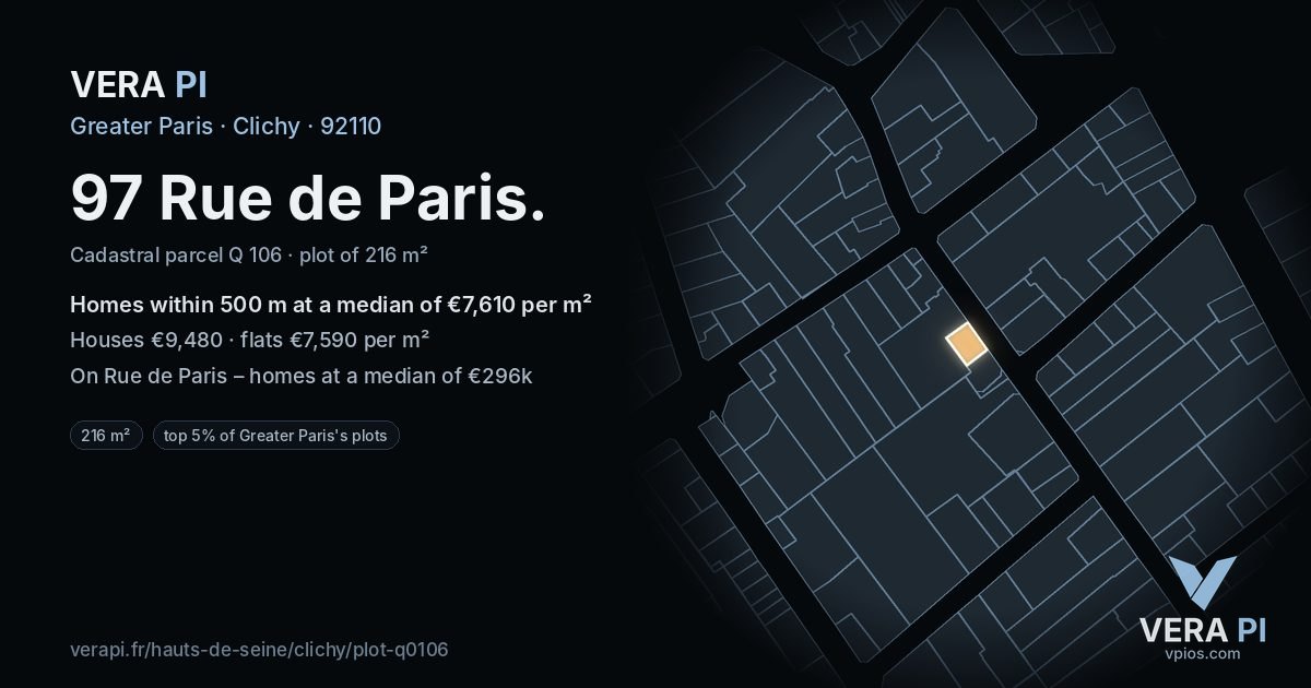 97 Rue de Paris, Clichy at night – the plot lit, the parcels around coloured by the prices near them