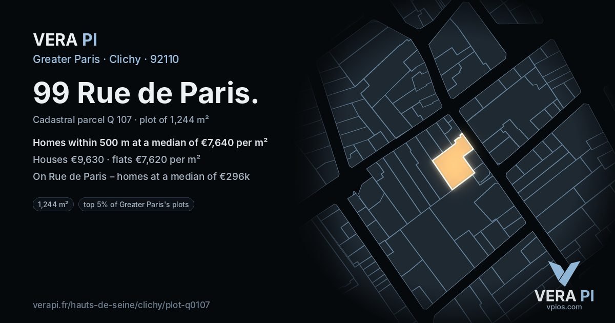 99 Rue de Paris, Clichy at night – the plot lit, the parcels around coloured by the prices near them