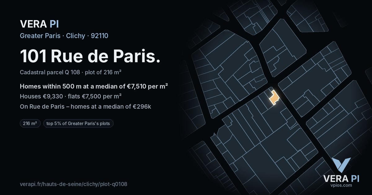 101 Rue de Paris, Clichy at night – the plot lit, the parcels around coloured by the prices near them