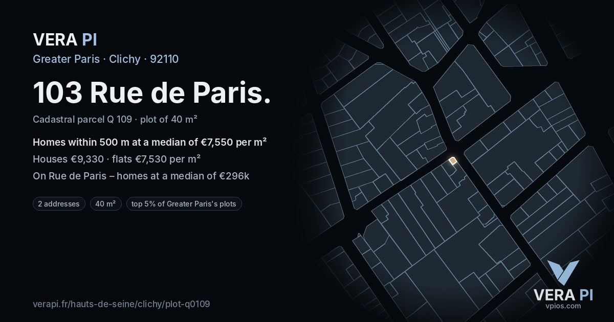 103 Rue de Paris, Clichy at night – the plot lit, the parcels around coloured by the prices near them