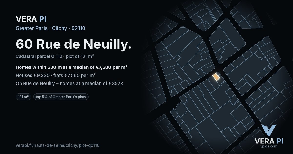 60 Rue de Neuilly, Clichy at night – the plot lit, the parcels around coloured by the prices near them