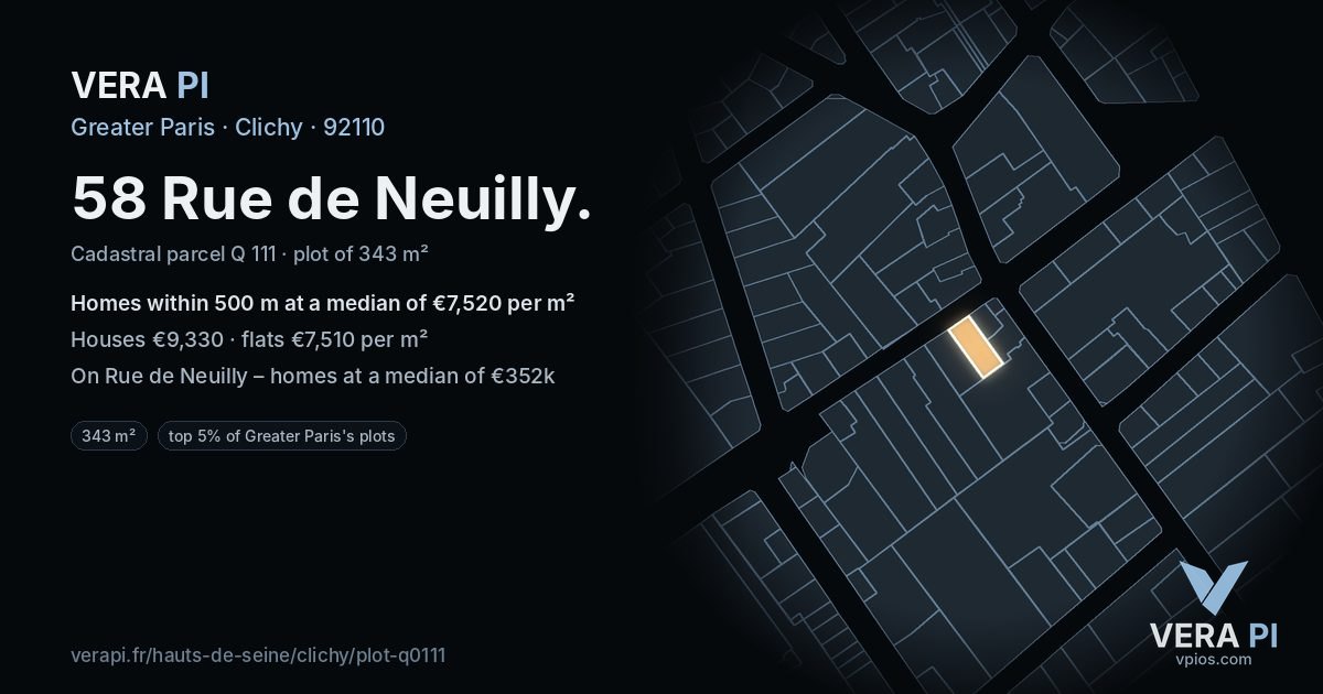 58 Rue de Neuilly, Clichy at night – the plot lit, the parcels around coloured by the prices near them
