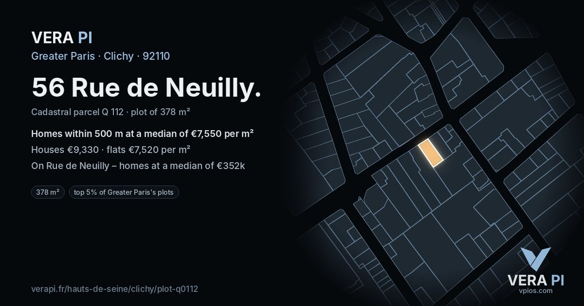 56 Rue de Neuilly, Clichy at night – the plot lit, the parcels around coloured by the prices near them