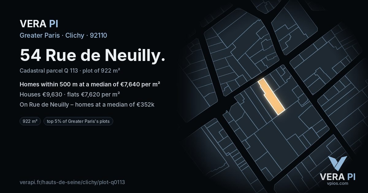 54 Rue de Neuilly, Clichy at night – the plot lit, the parcels around coloured by the prices near them