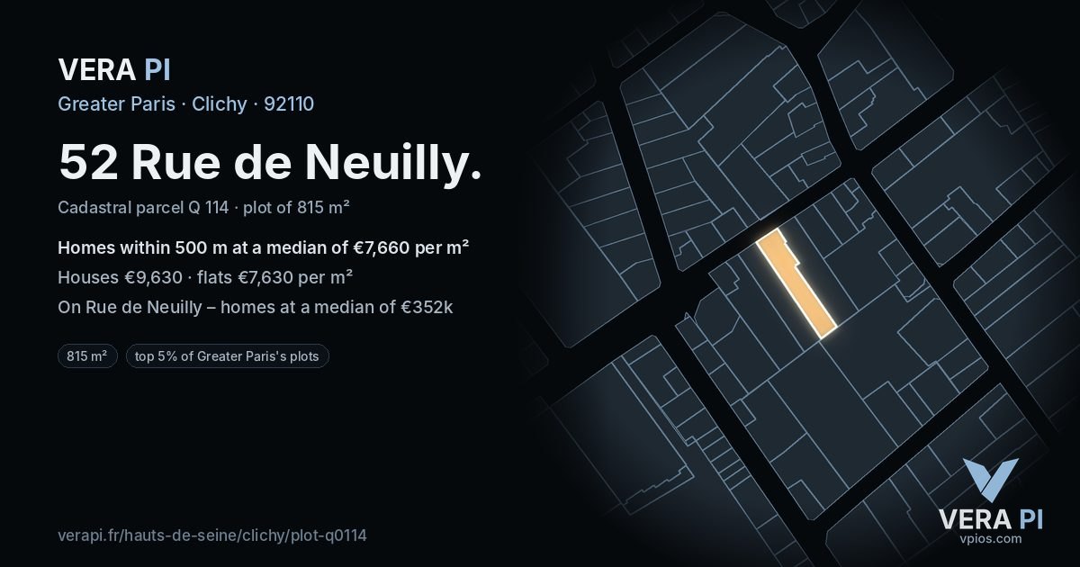 52 Rue de Neuilly, Clichy at night – the plot lit, the parcels around coloured by the prices near them