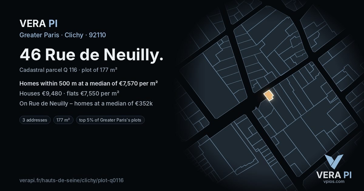 46 Rue de Neuilly, Clichy at night – the plot lit, the parcels around coloured by the prices near them
