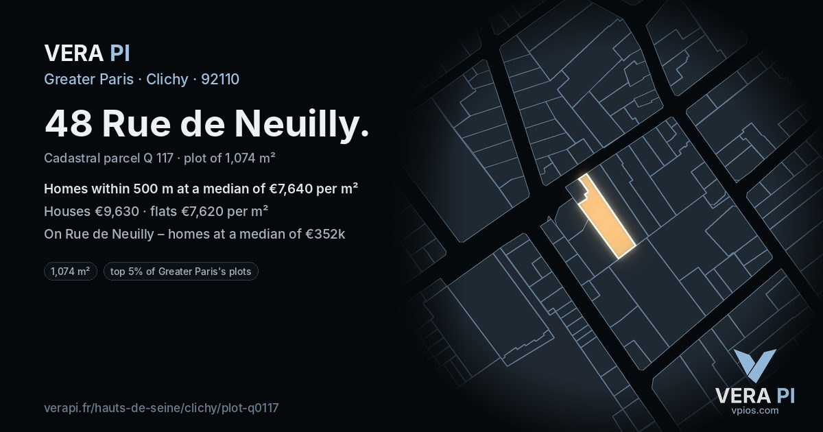 48 Rue de Neuilly, Clichy at night – the plot lit, the parcels around coloured by the prices near them