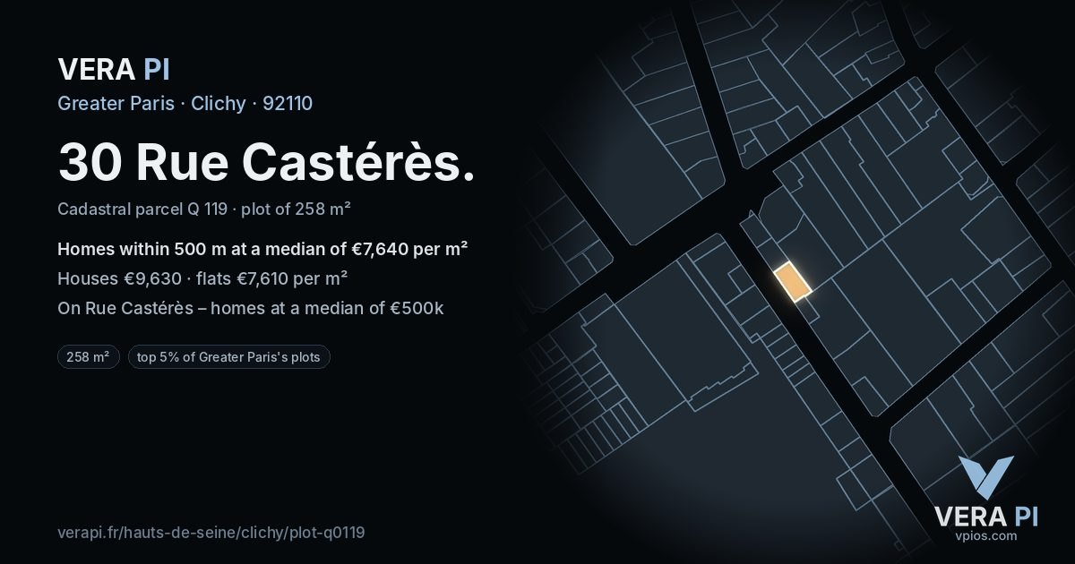 30 Rue Castérès, Clichy at night – the plot lit, the parcels around coloured by the prices near them