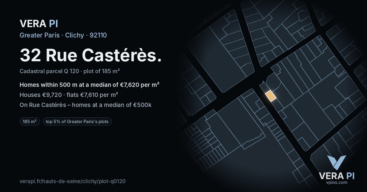 32 Rue Castérès, Clichy at night – the plot lit, the parcels around coloured by the prices near them