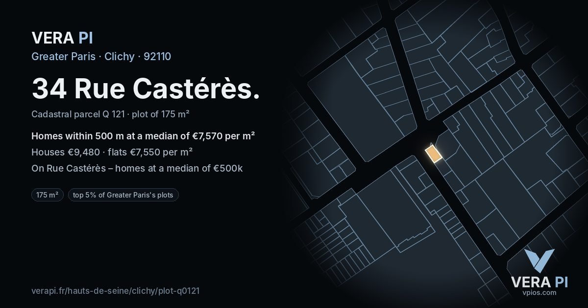 34 Rue Castérès, Clichy at night – the plot lit, the parcels around coloured by the prices near them