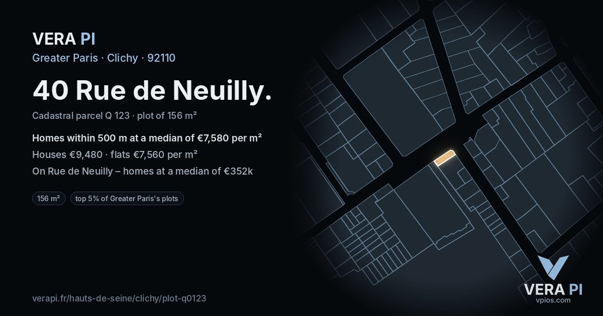 40 Rue de Neuilly, Clichy at night – the plot lit, the parcels around coloured by the prices near them