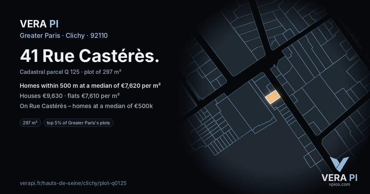 41 Rue Castérès, Clichy at night – the plot lit, the parcels around coloured by the prices near them