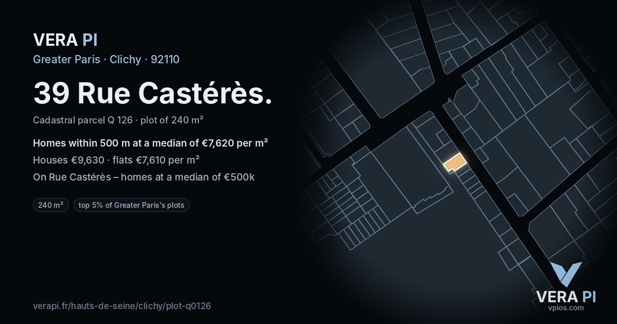 39 Rue Castérès, Clichy at night – the plot lit, the parcels around coloured by the prices near them