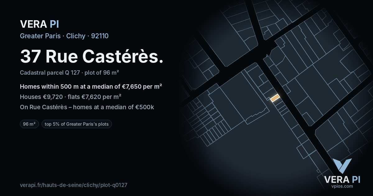 37 Rue Castérès, Clichy at night – the plot lit, the parcels around coloured by the prices near them