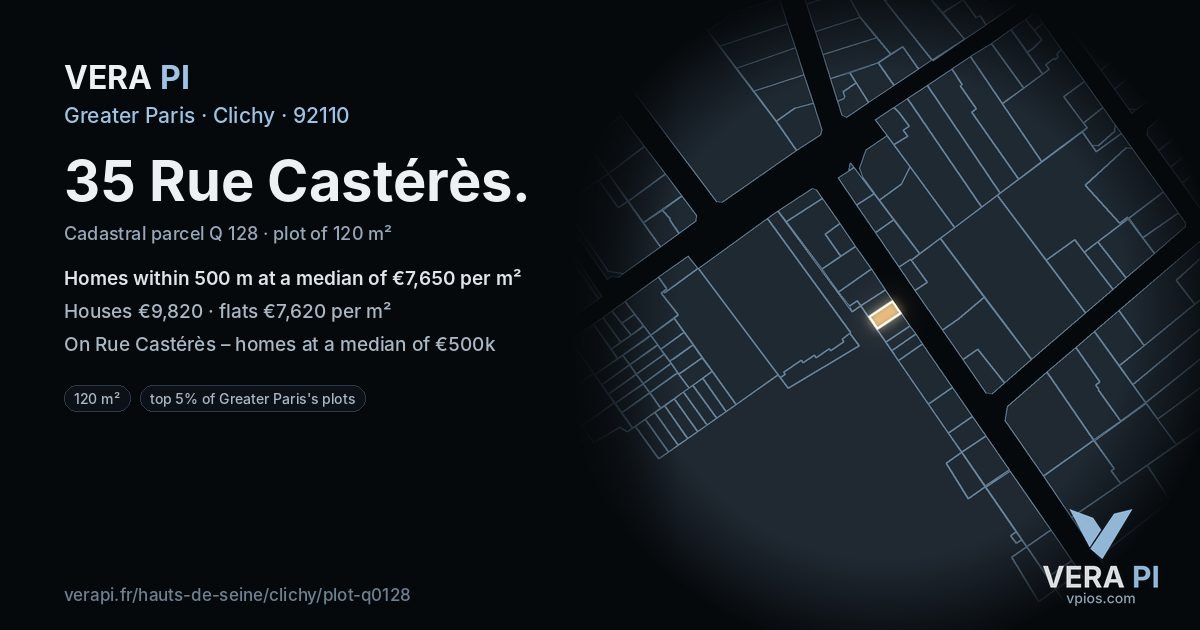 35 Rue Castérès, Clichy at night – the plot lit, the parcels around coloured by the prices near them