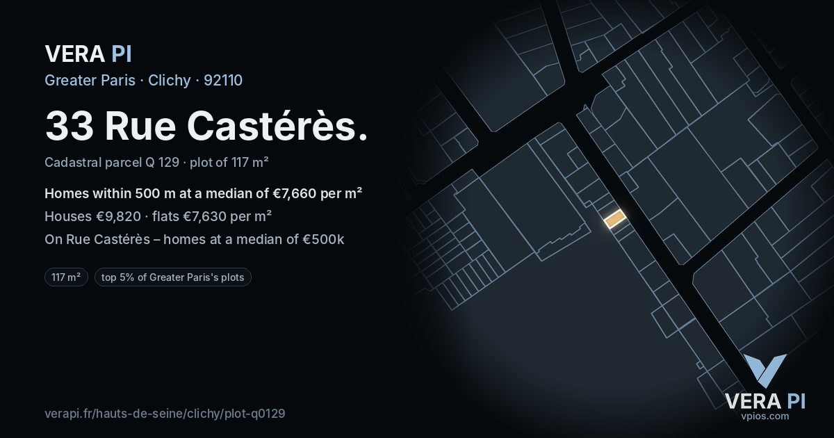 33 Rue Castérès, Clichy at night – the plot lit, the parcels around coloured by the prices near them
