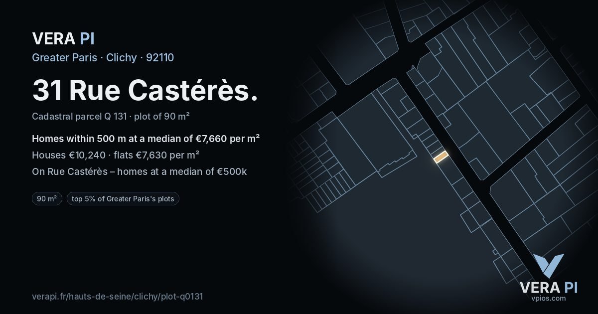 31 Rue Castérès, Clichy at night – the plot lit, the parcels around coloured by the prices near them