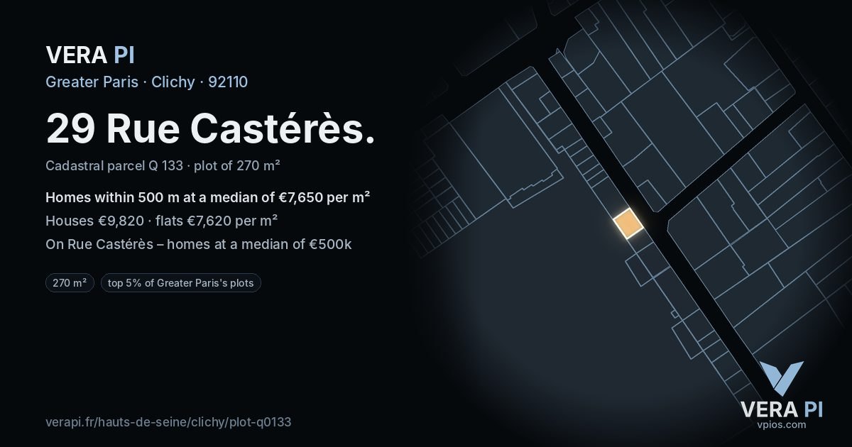 29 Rue Castérès, Clichy at night – the plot lit, the parcels around coloured by the prices near them