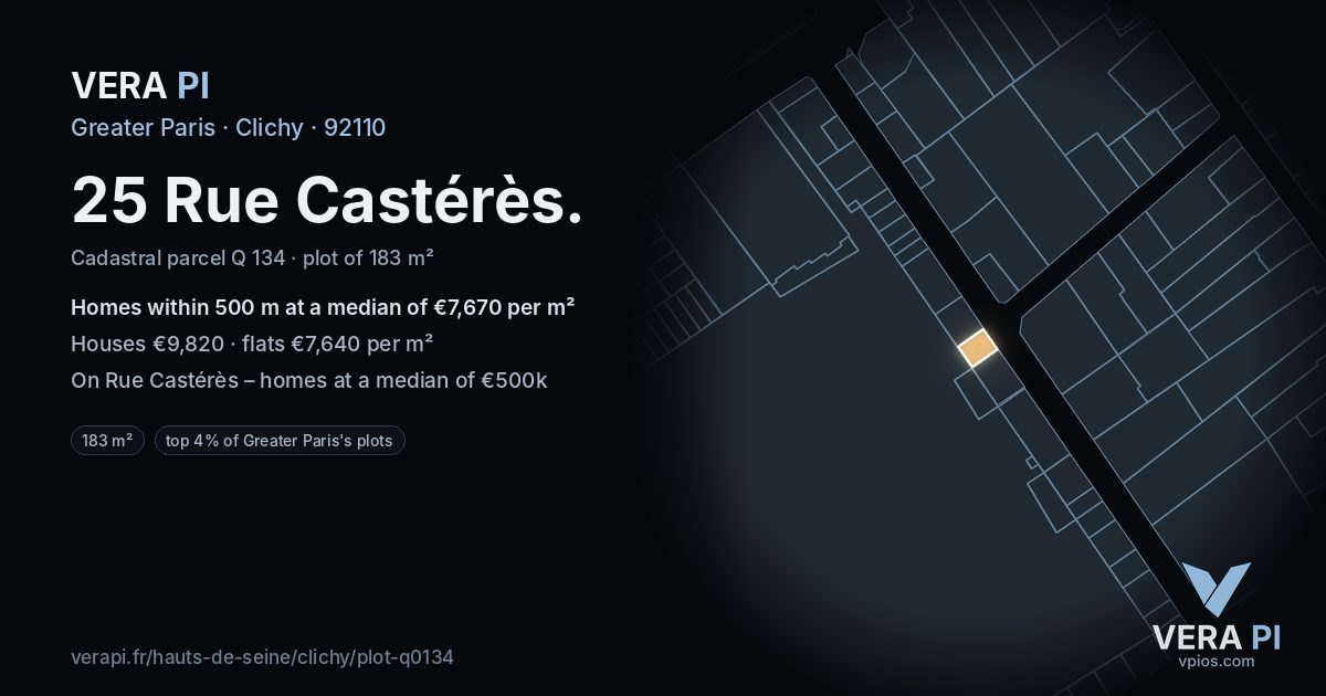 25 Rue Castérès, Clichy at night – the plot lit, the parcels around coloured by the prices near them