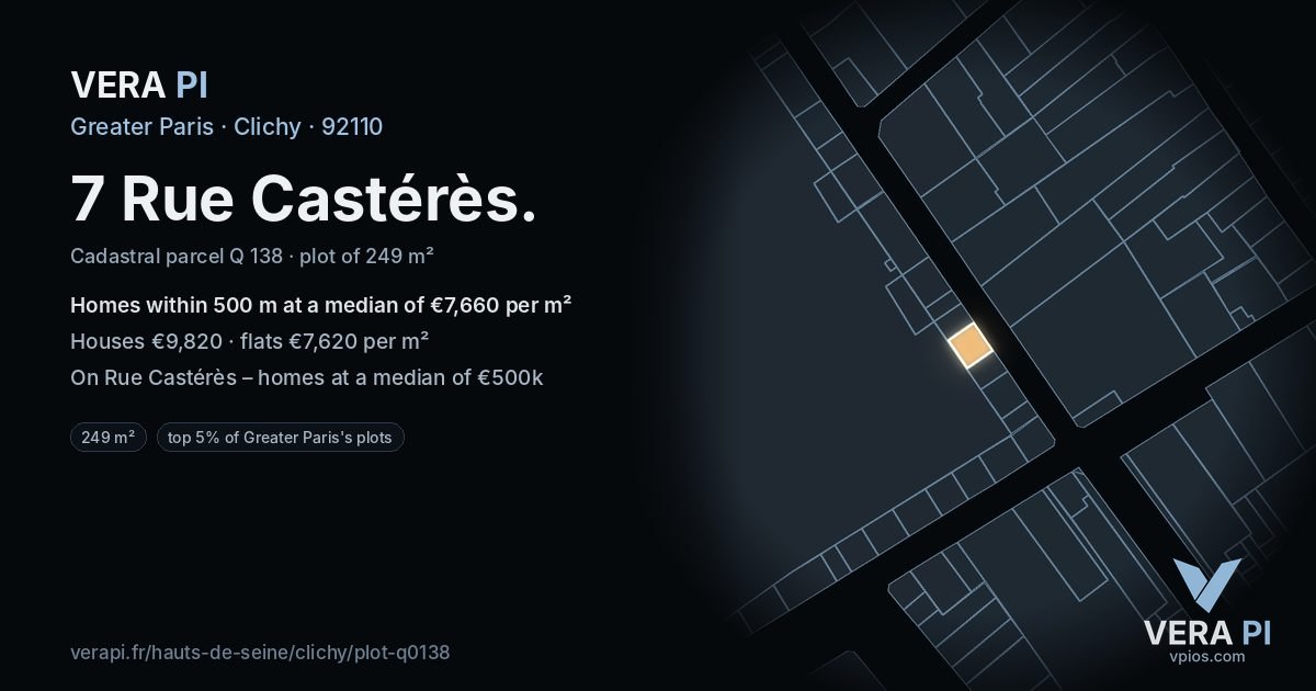 7 Rue Castérès, Clichy at night – the plot lit, the parcels around coloured by the prices near them