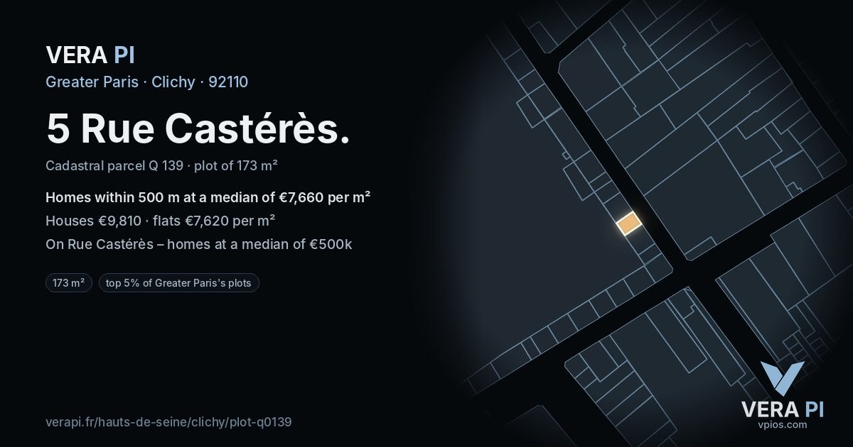5 Rue Castérès, Clichy at night – the plot lit, the parcels around coloured by the prices near them