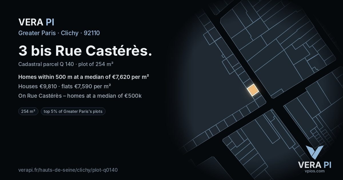 3 bis Rue Castérès, Clichy at night – the plot lit, the parcels around coloured by the prices near them