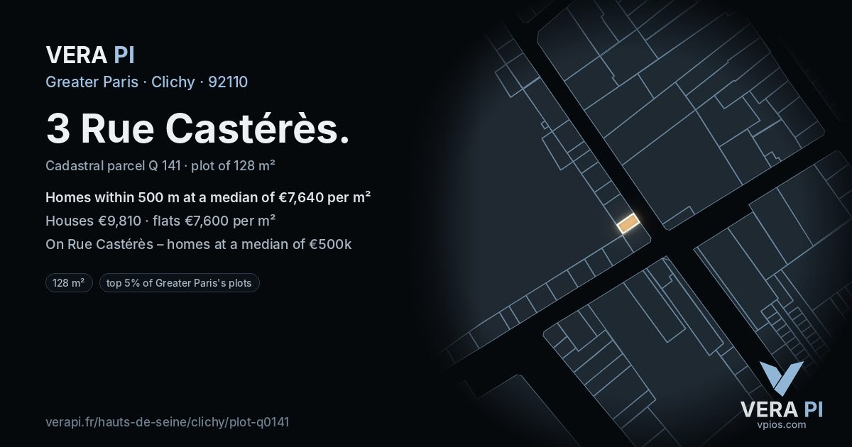 3 Rue Castérès, Clichy at night – the plot lit, the parcels around coloured by the prices near them
