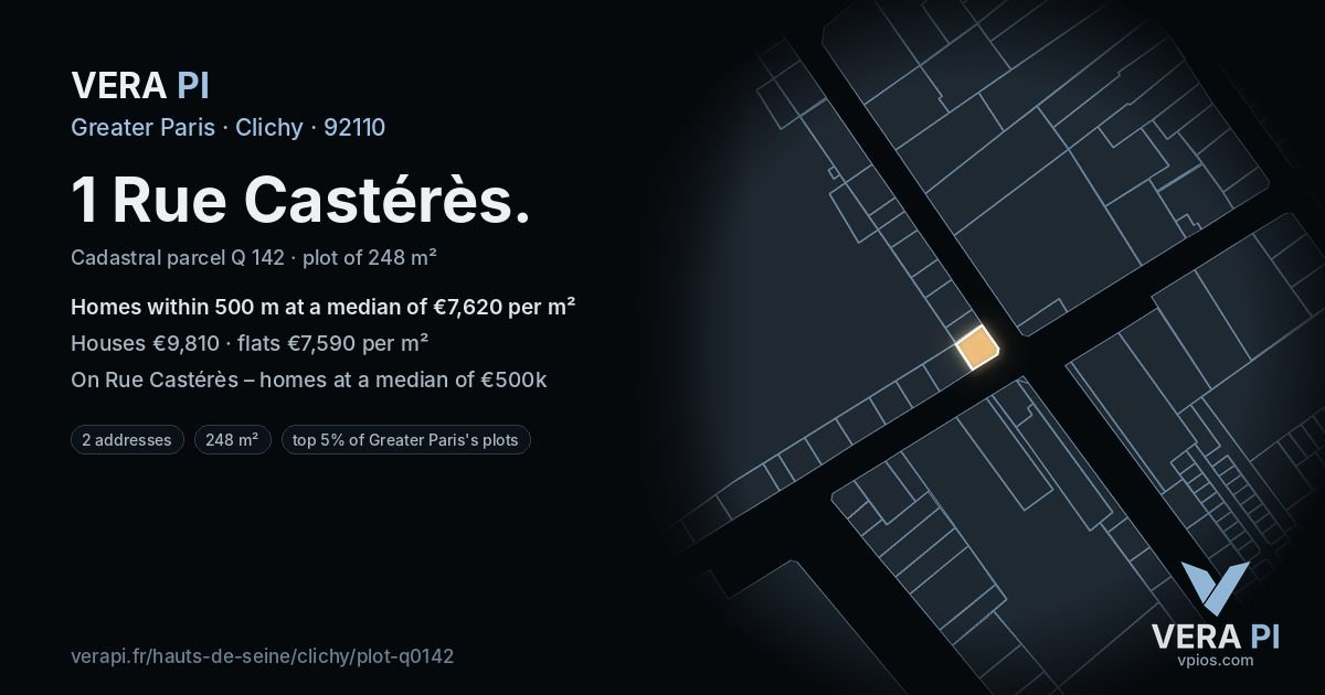 1 Rue Castérès, Clichy at night – the plot lit, the parcels around coloured by the prices near them