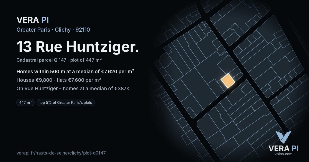 13 Rue Huntziger, Clichy at night – the plot lit, the parcels around coloured by the prices near them