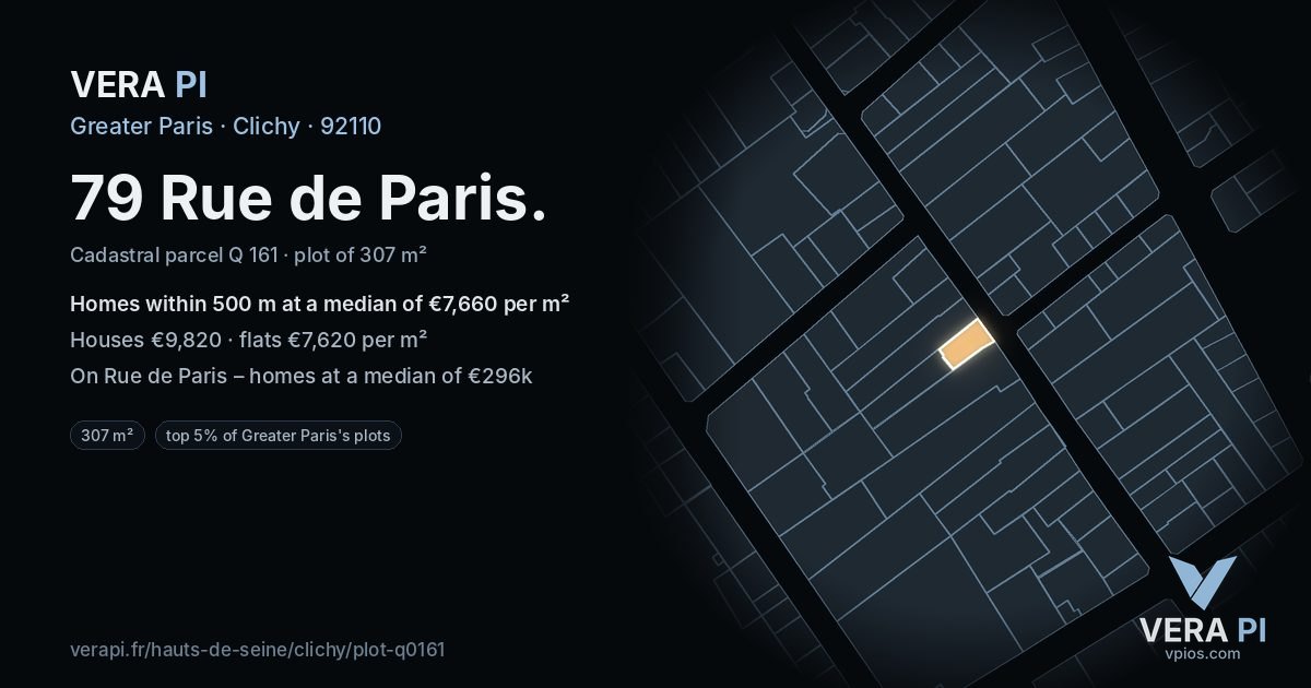 79 Rue de Paris, Clichy at night – the plot lit, the parcels around coloured by the prices near them