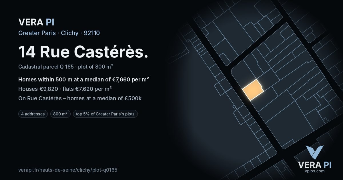 14 Rue Castérès, Clichy at night – the plot lit, the parcels around coloured by the prices near them