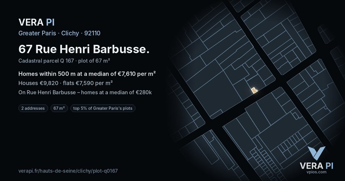 67 Rue Henri Barbusse, Clichy at night – the plot lit, the parcels around coloured by the prices near them