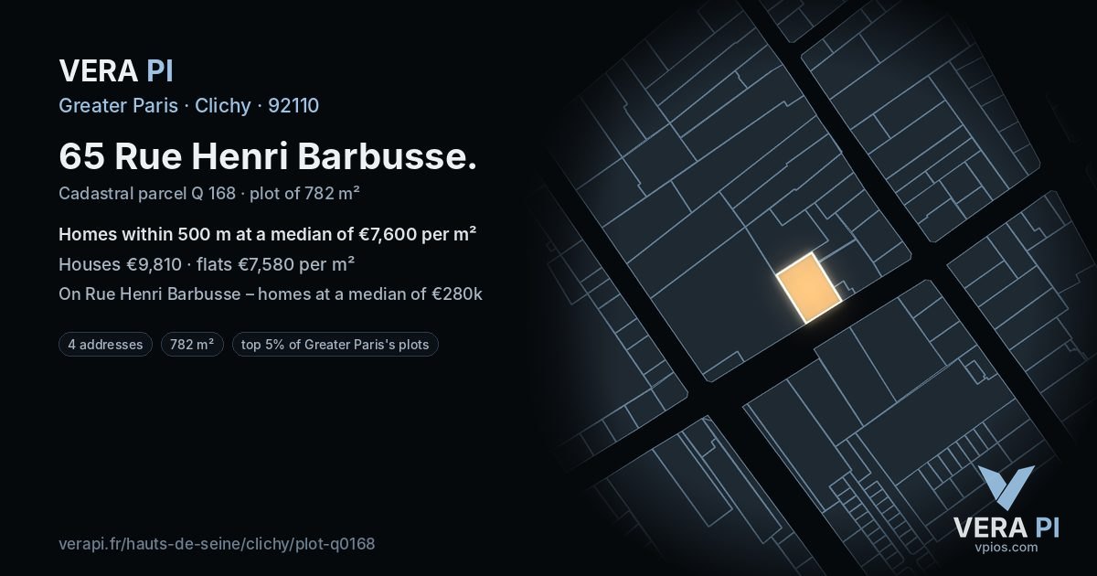 65 Rue Henri Barbusse, Clichy at night – the plot lit, the parcels around coloured by the prices near them