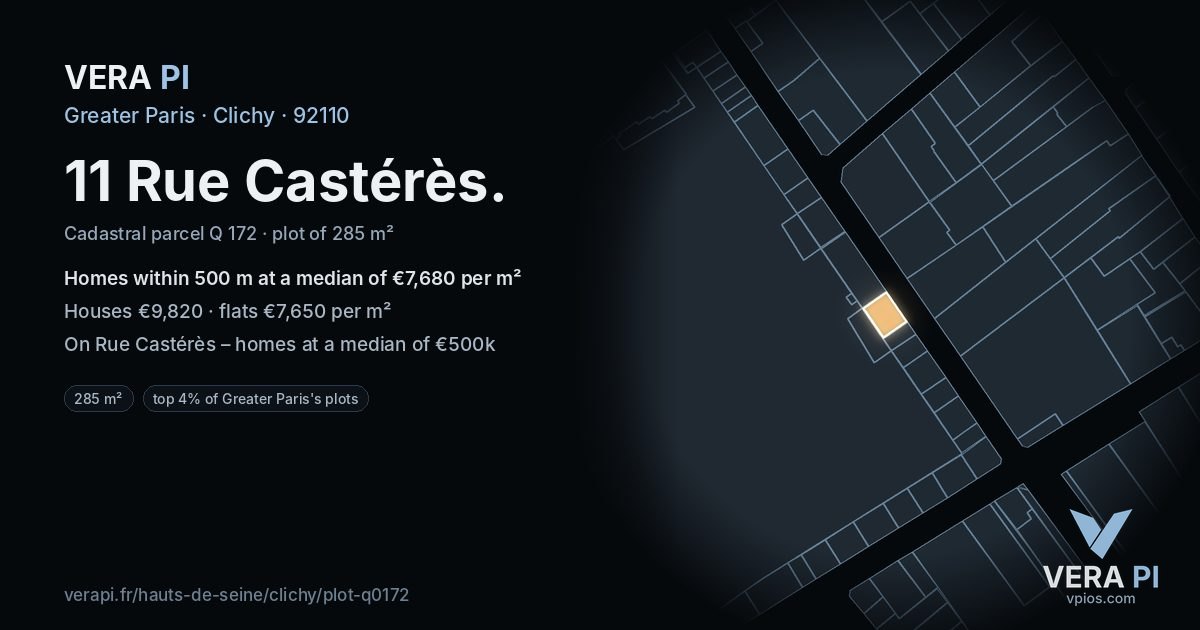11 Rue Castérès, Clichy at night – the plot lit, the parcels around coloured by the prices near them