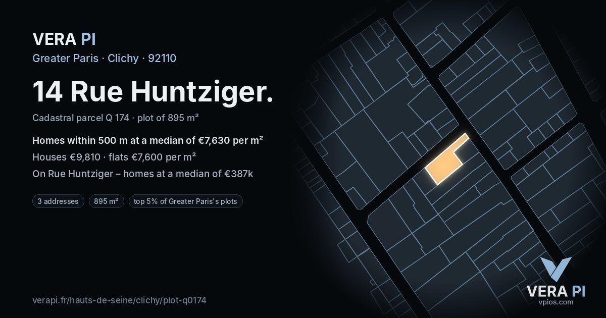 14 Rue Huntziger, Clichy at night – the plot lit, the parcels around coloured by the prices near them