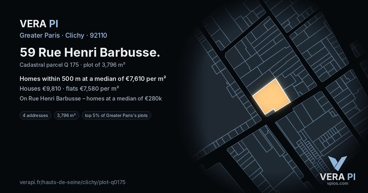 59 Rue Henri Barbusse, Clichy at night – the plot lit, the parcels around coloured by the prices near them