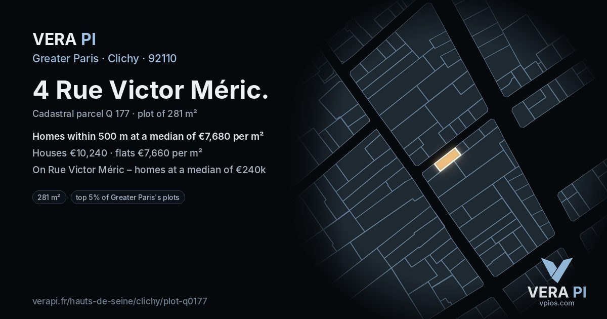 4 Rue Victor Méric, Clichy at night – the plot lit, the parcels around coloured by the prices near them