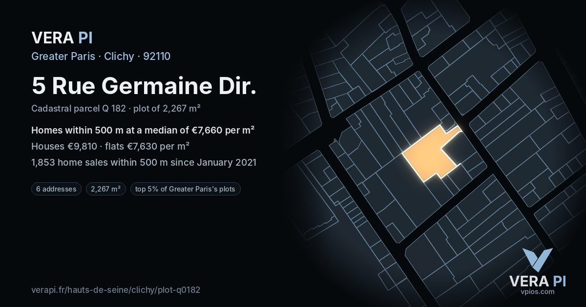 5 Rue Germaine Dir, Clichy at night – the plot lit, the parcels around coloured by the prices near them