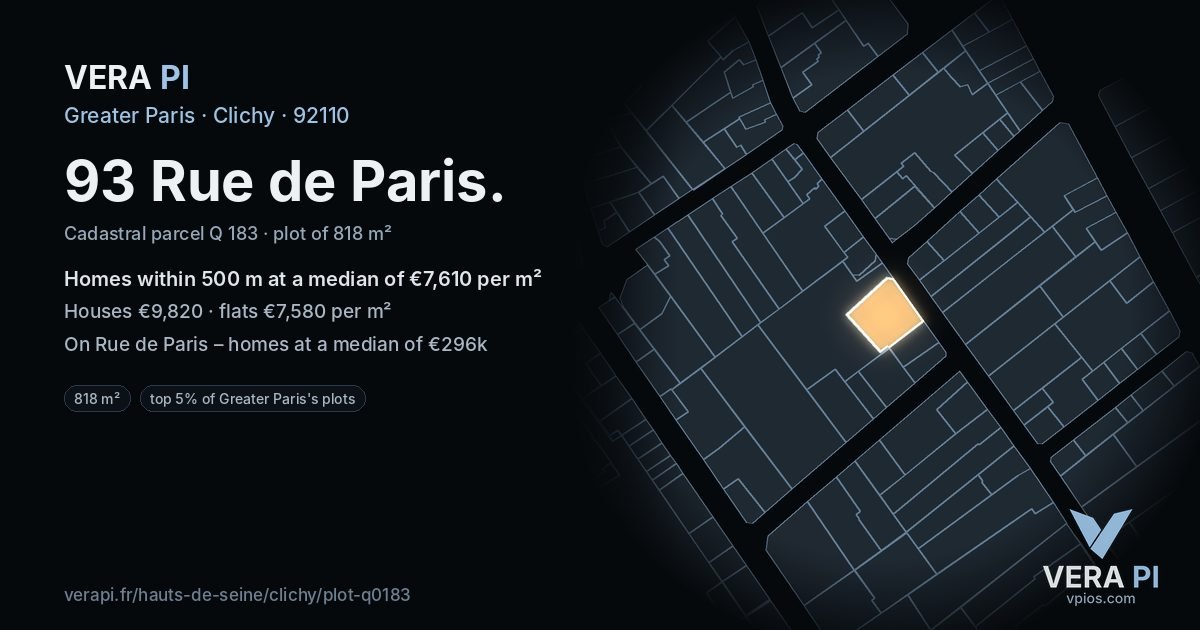 93 Rue de Paris, Clichy at night – the plot lit, the parcels around coloured by the prices near them