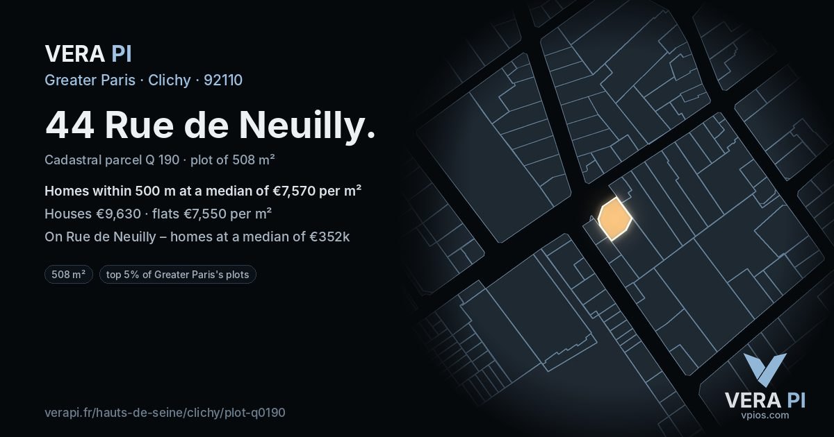 44 Rue de Neuilly, Clichy at night – the plot lit, the parcels around coloured by the prices near them