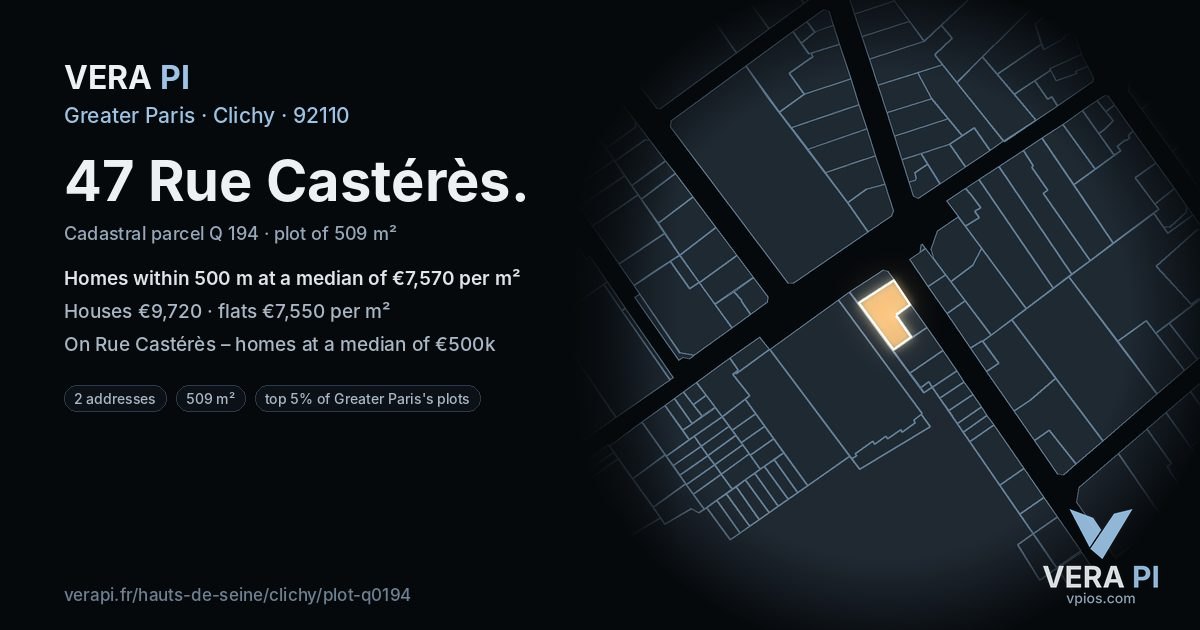 47 Rue Castérès, Clichy at night – the plot lit, the parcels around coloured by the prices near them