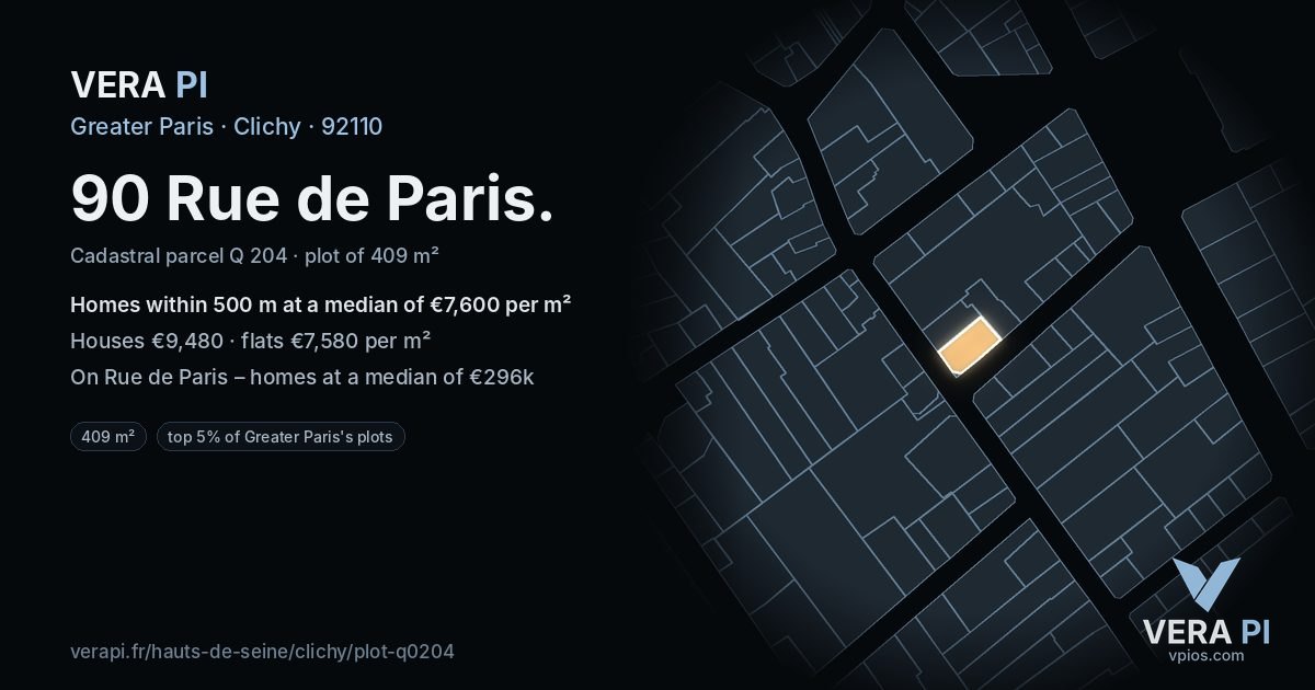 90 Rue de Paris, Clichy at night – the plot lit, the parcels around coloured by the prices near them