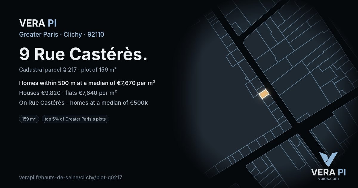 9 Rue Castérès, Clichy at night – the plot lit, the parcels around coloured by the prices near them